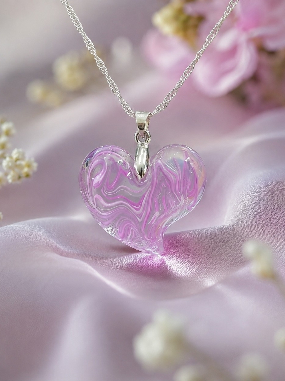 Heart Pendant Necklace - Pink Swirl